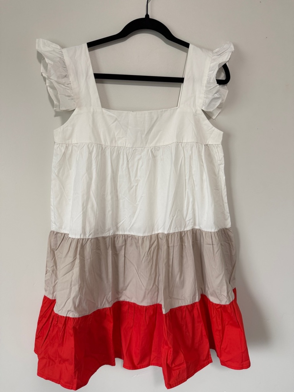 NEW - Colorblock Ruffle Sleeve Tiered SunDress - White, Taupe, Brick Red